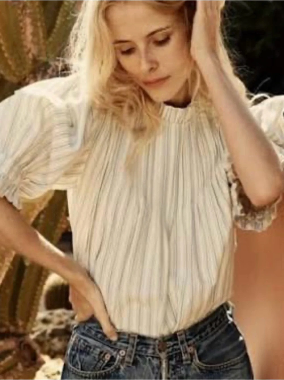 Doen Darien Top Striped Chambray large NWT Women’s Cream Striped Puff Sleeve Top